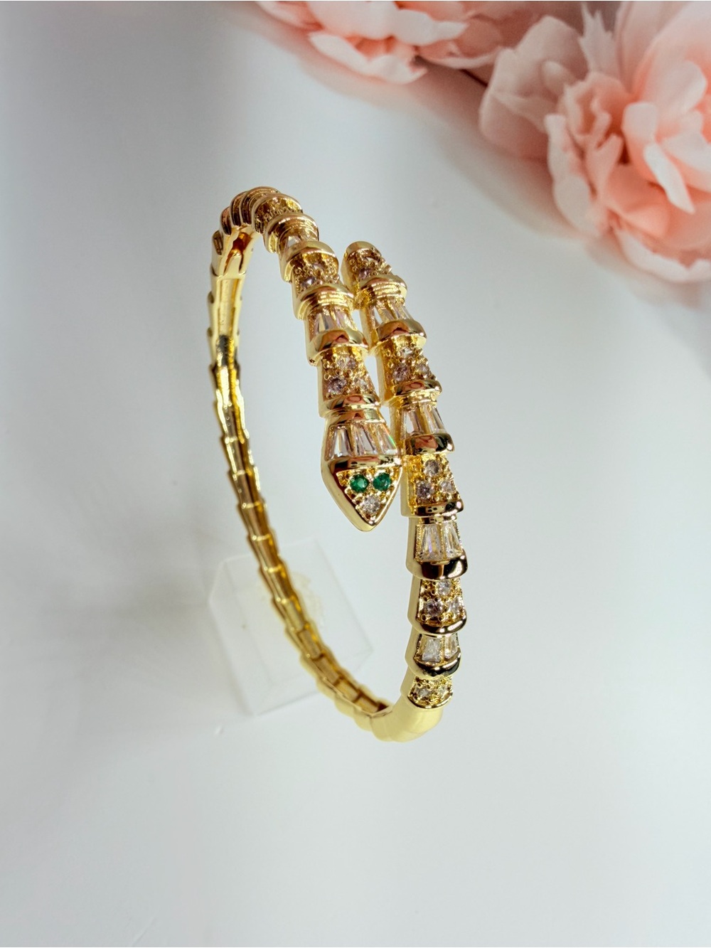 Gold-Tone Crystal Snake Open Cuff Bracelet - Elegant Women's Jewelry
